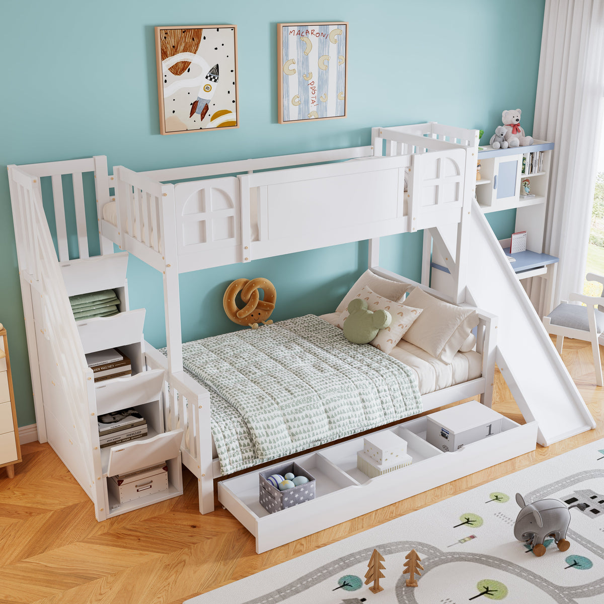 Bunk Bed, Children's with Slide, Drawers, Stairs & Lockers, Pine+MDF White