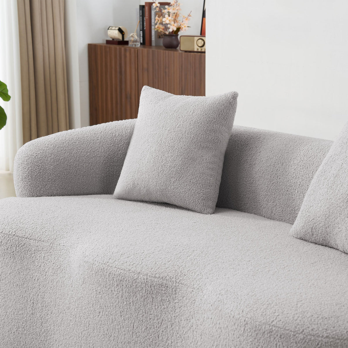 Curved Double Sofa, Compression Bedroom Couch with 2 Pillows and Round Arms, Light Grey