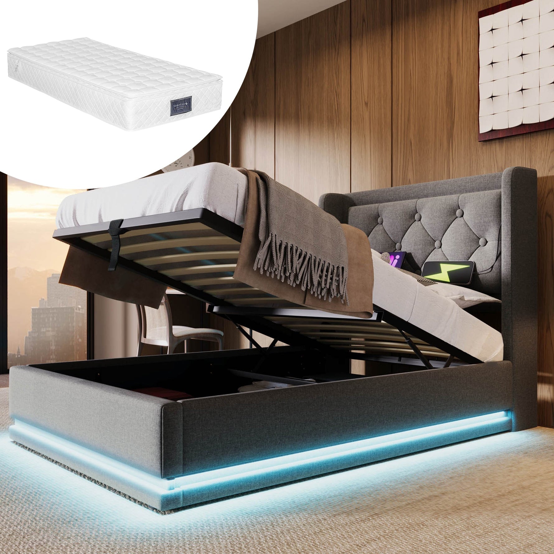 Upholstered Double Bed 90x200cm Hydraulic Storage USB-C LED Headboard, Grey Cotton