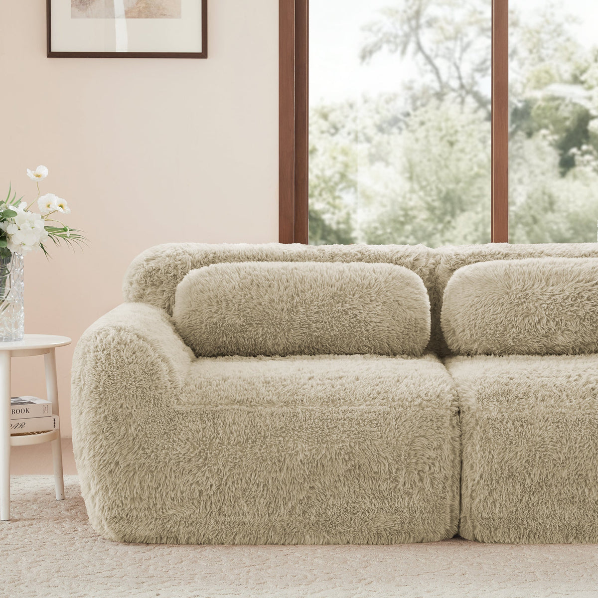 4-Seater L-Shaped Sofa Modular Chaise Plush Fabric - Light Khaki