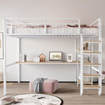 Metal Loft Bed 140*200 cm with Ladder, Table & Shelf, White