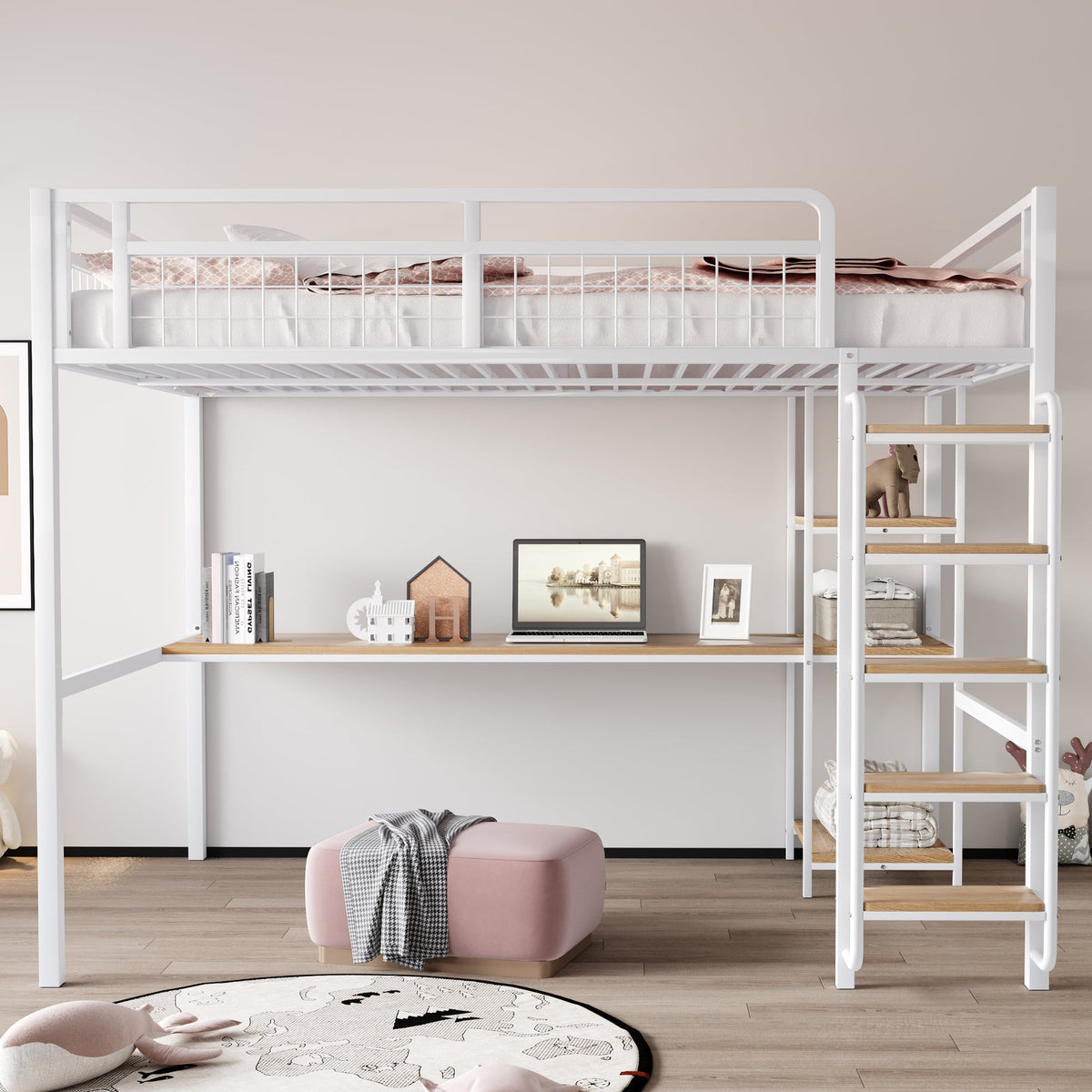 Metal Loft Bed 140*200 cm with Ladder, Table & Shelf, White