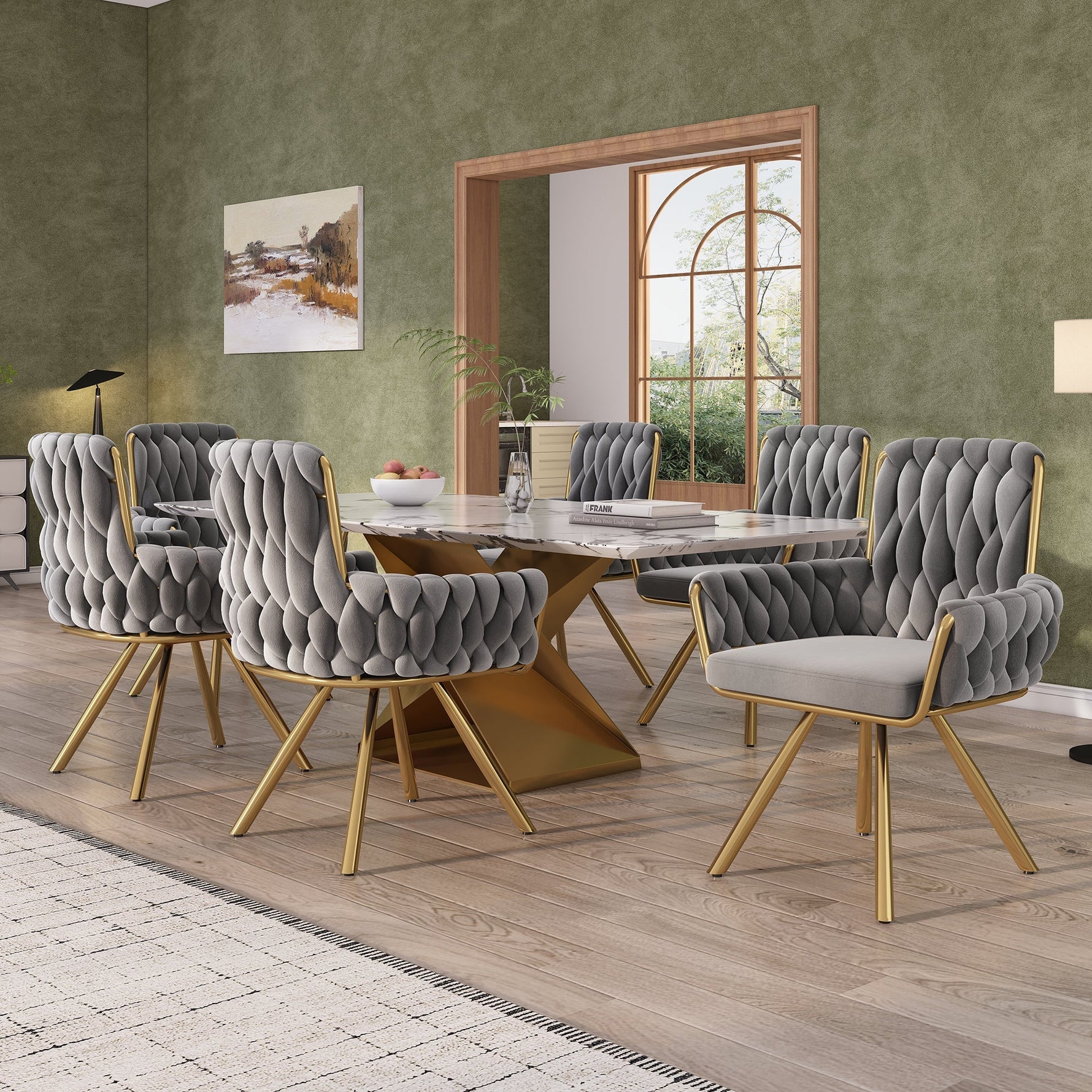 Velvet Dining Chair Set of 4, Luxury Swivel Armchair with Metal Legs, Grey Velvet