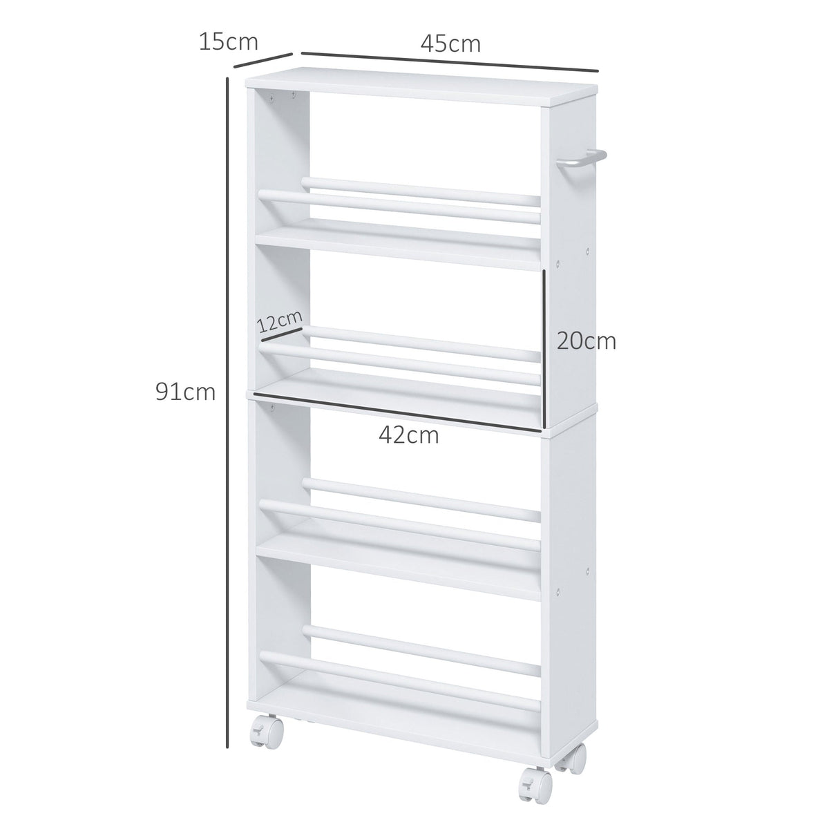 Rolling Trolley 4-Shelf Narrow Serving Storage 45x15x91cm White