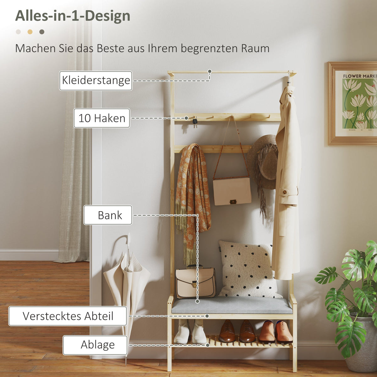 Coat Rack with Shoe Bench, Hooks, Shoe Rack, Seat Cushion, Bamboo, Natural