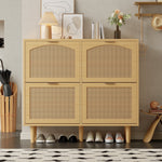 Shoe cabinet with 4 folding drawers, rattan and metal, wooden