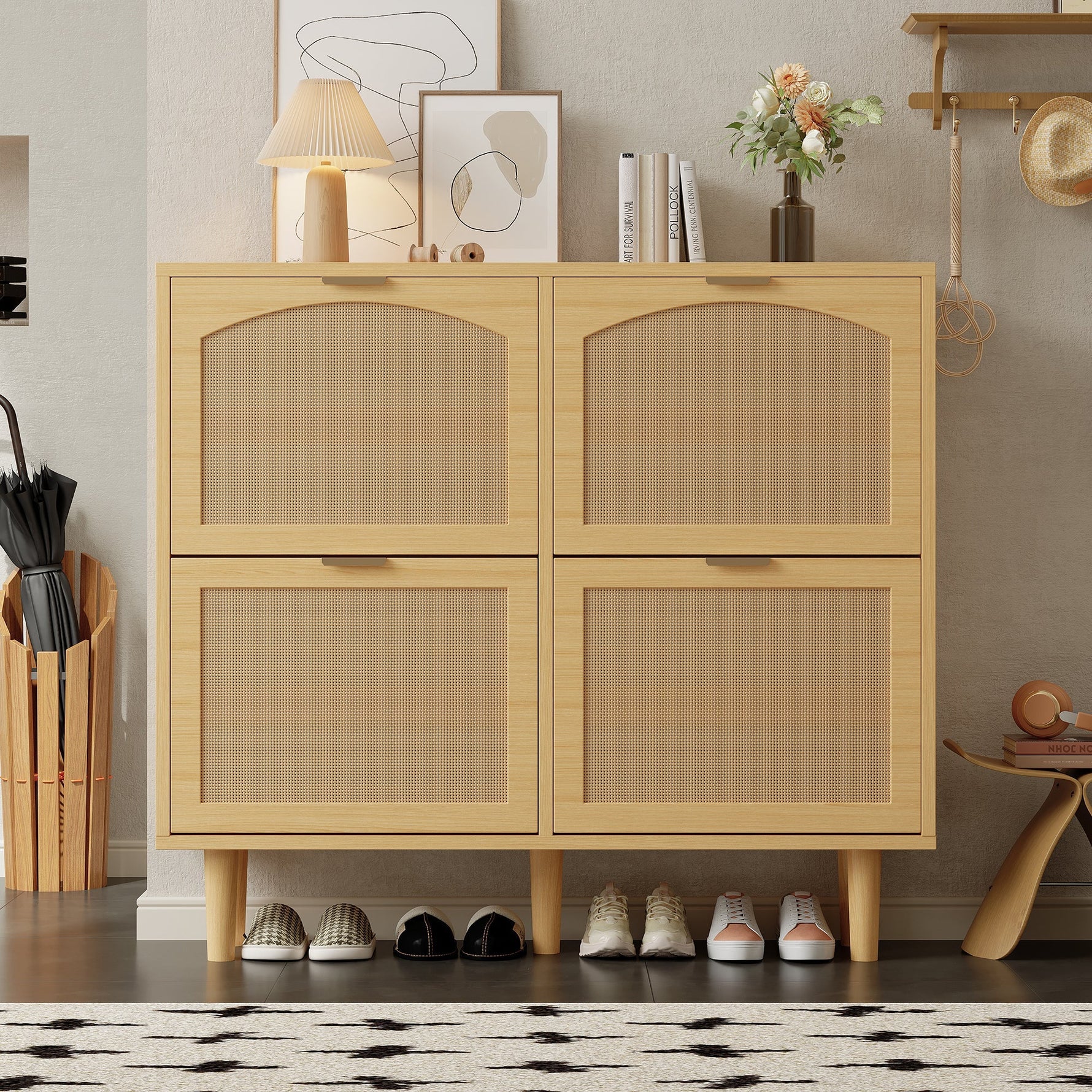 Shoe cabinet with 4 folding drawers, rattan and metal, wooden