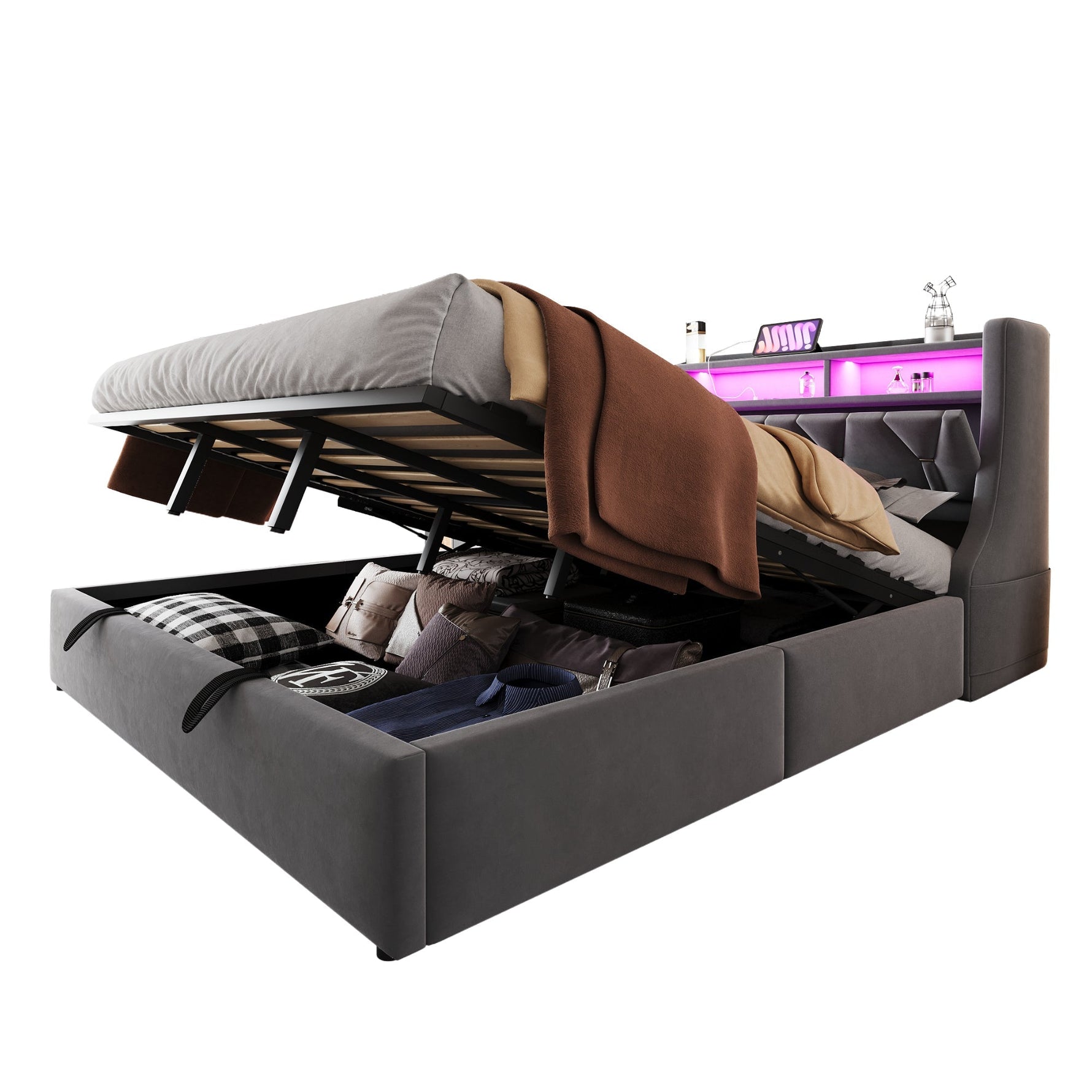 Upholstered Bed 180 x 200 cm with Hydraulic Storage and LED Lighting, Grey Velvet