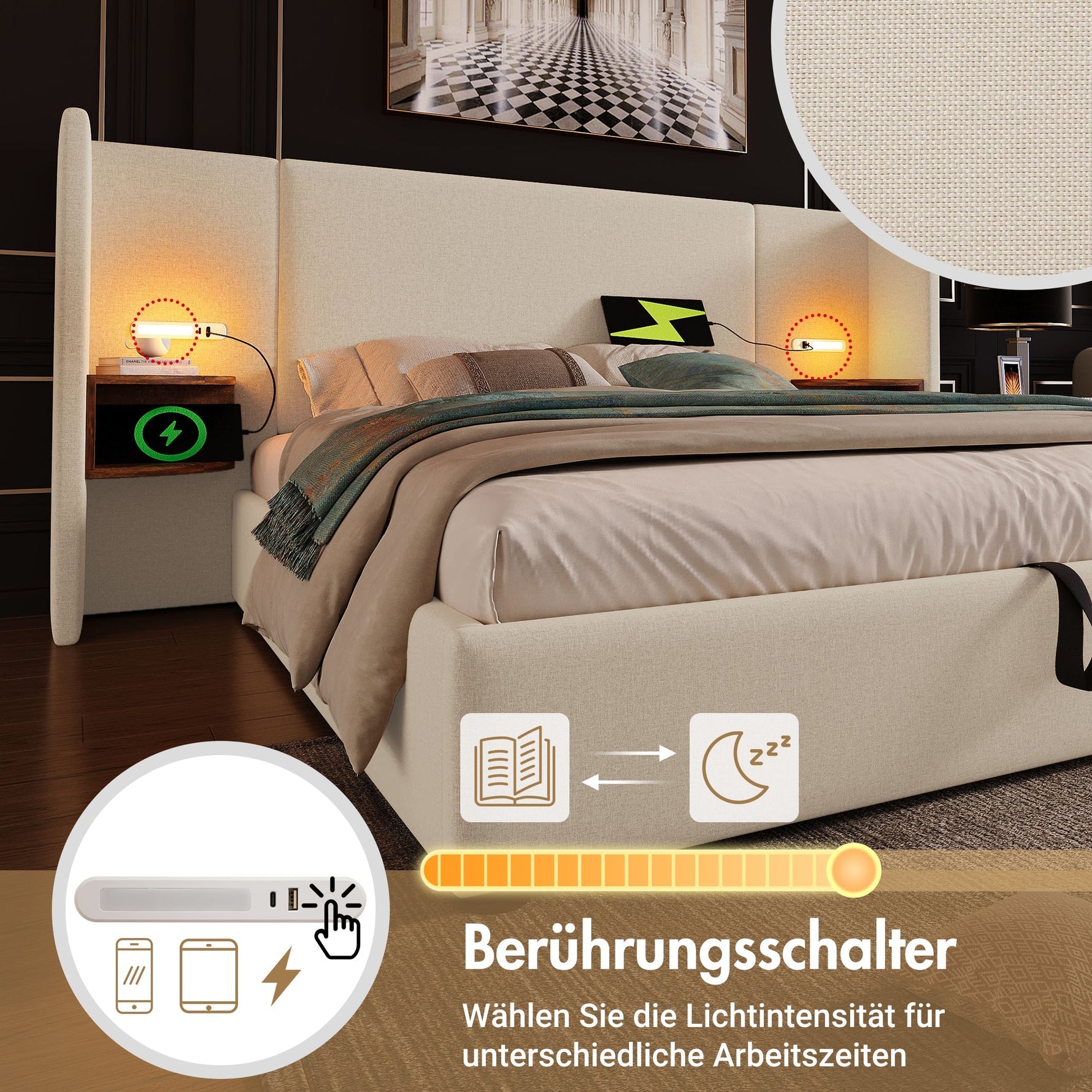 Upholstered Double Bed 160x200, with Bedside Table, Reading Lamp, USB-C, Storage, Solid Wood & Metal Frame, Beige Linen