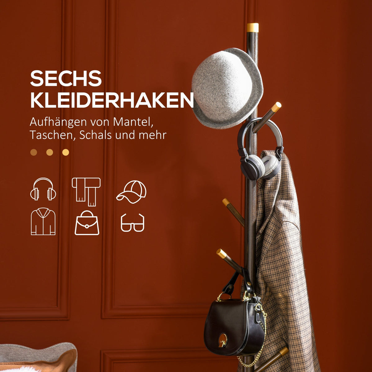 Coat Rack, 6 Hooks, Freestanding, Walnut