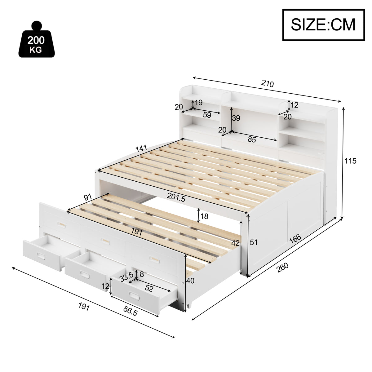 Sofa Bed 140x200cm with LED Lights & 3 Drawers, White
