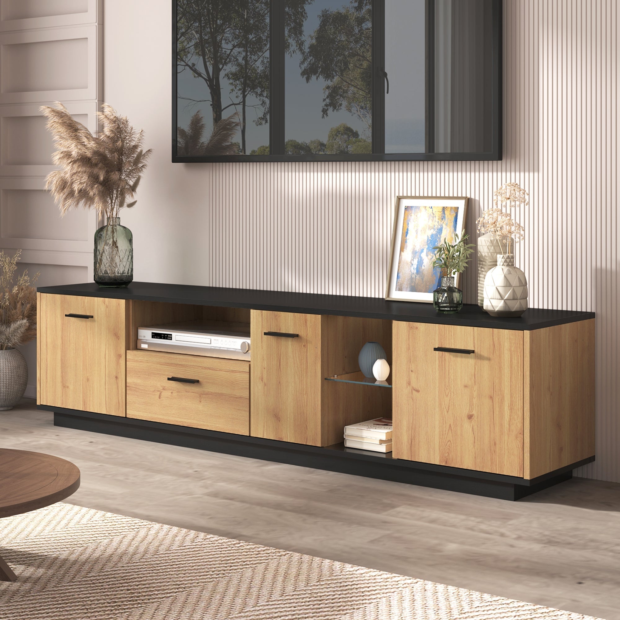 TV Cabinet 1 Drawer 3 Doors Glass Compartments Fine Texture 16 LED Lights, Black/Natural Wood