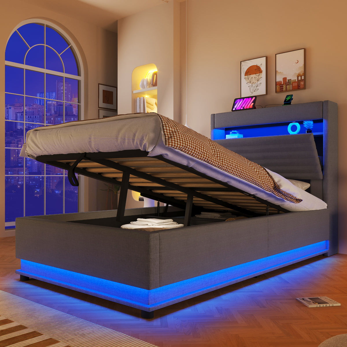 Upholstered Bed 90x200cm with LED & Storage, Grey Linen