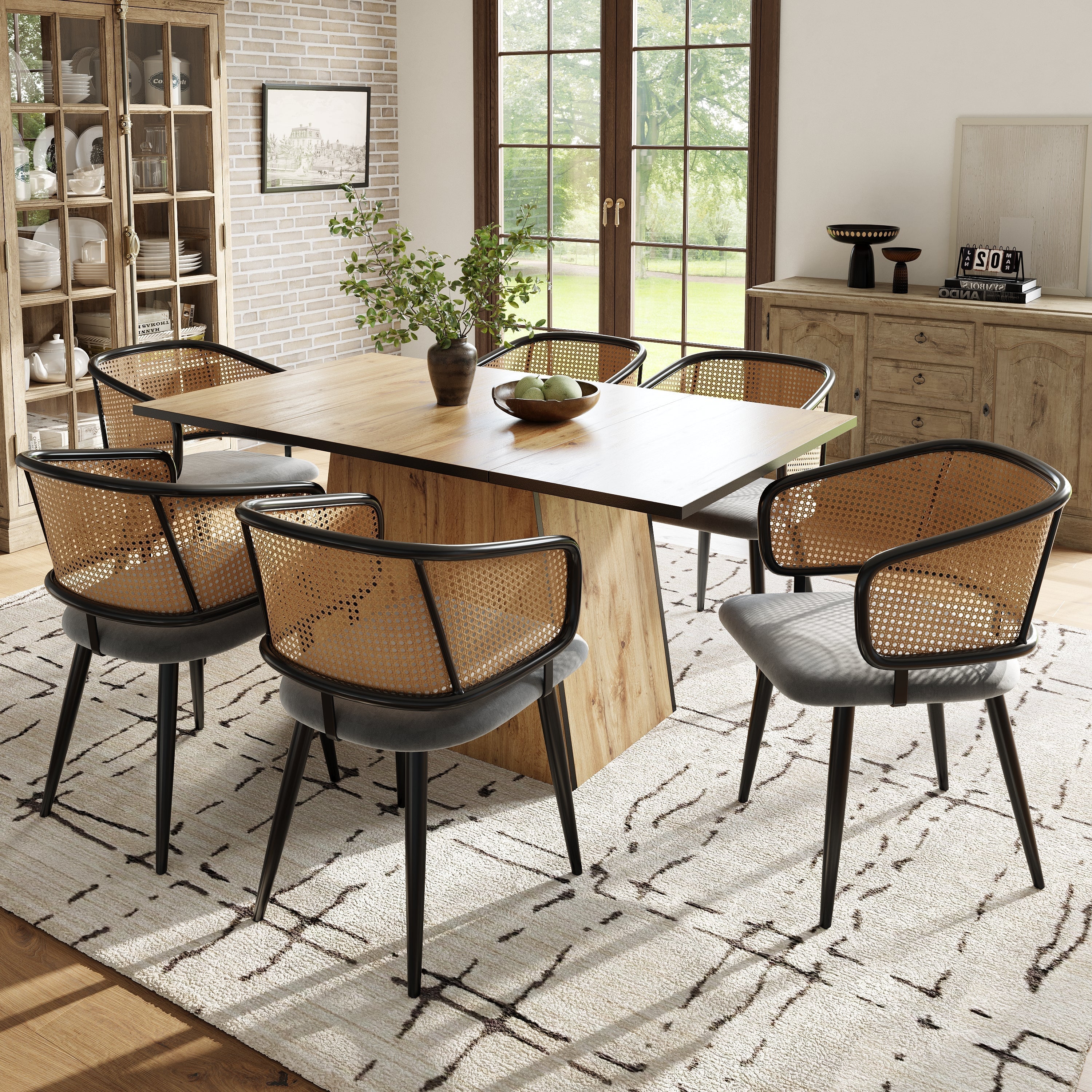 Dining Chairs Set of 6 Rattan Backrests Velvet Cushions Modern Style