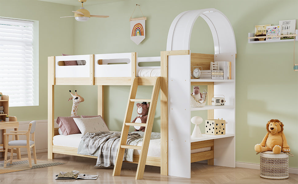 Bunk Bed 90x200cm 3-Tier Shelf Ladder Slatted Base - White/Natural Pine