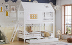 Children's Bunk Bed with Roof, Windows & Drawers, White Pine