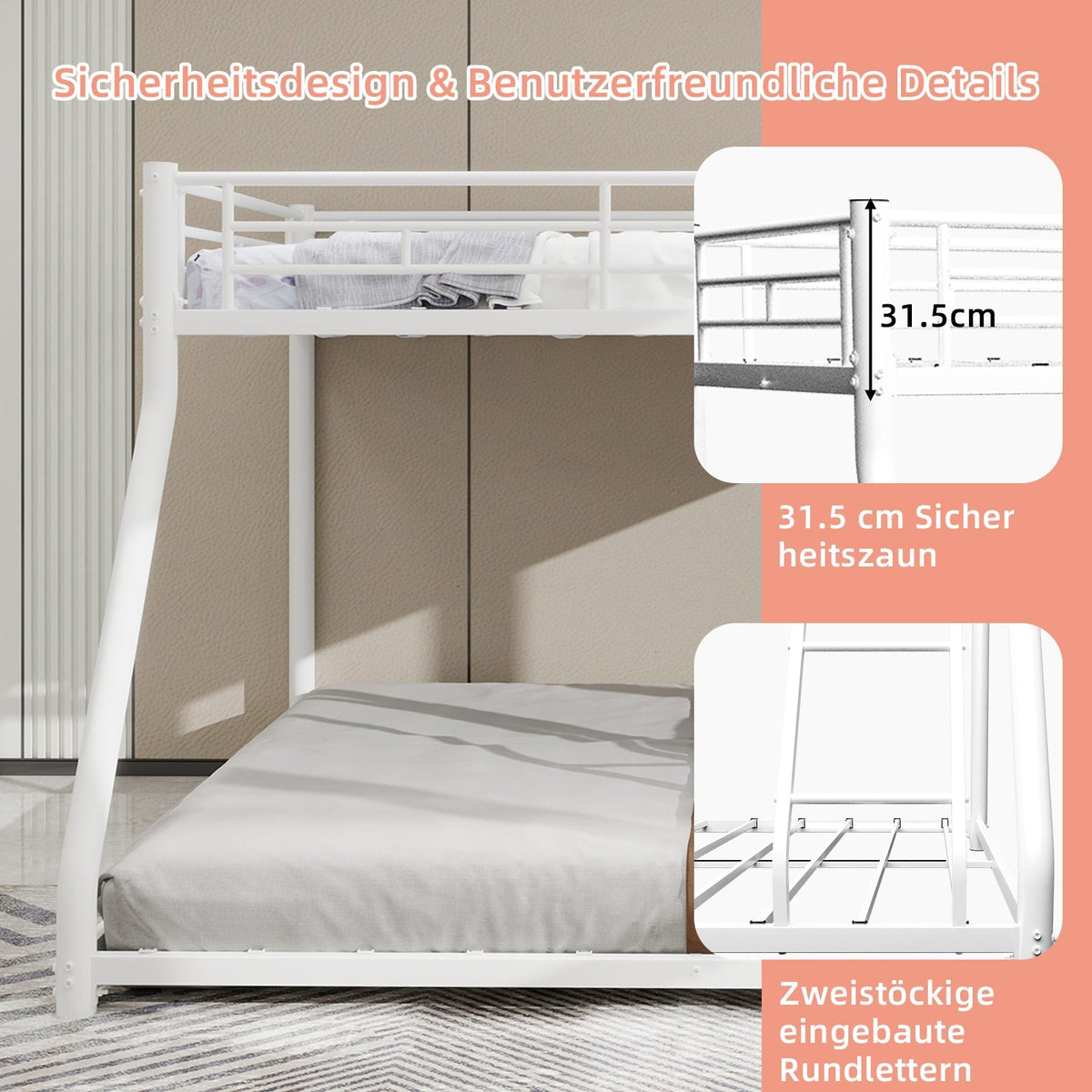 Bunk Bed, Twin Over Full with Ladder & Guardrail, Heavy Duty Metal