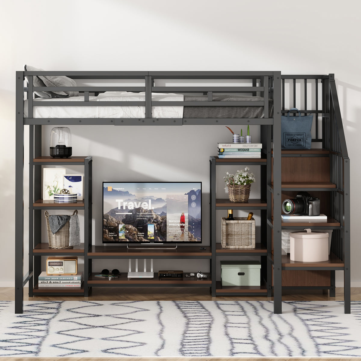 Loft Bed 90x200 with TV Stand, Power Outlet & Ladder, Black
