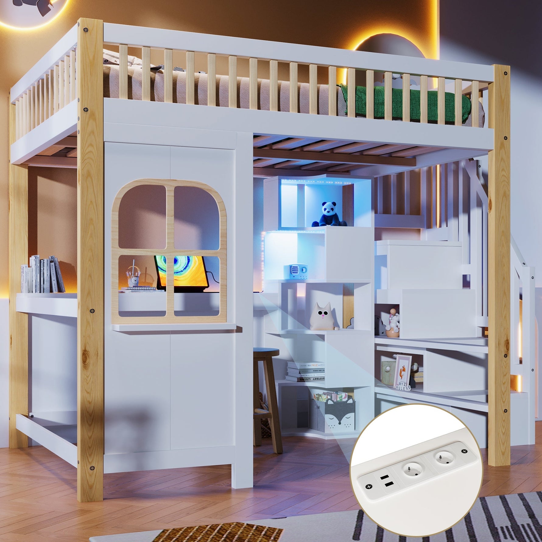 Loft Bed 140x200cm with LED Lights, Desk, and Storage Ladder, White + Natural