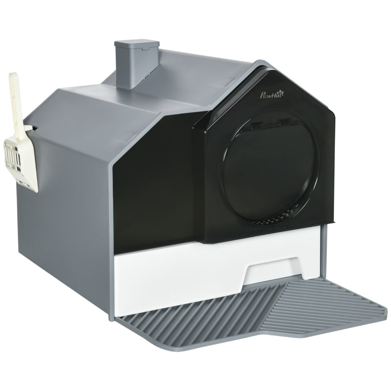 Cat Litter Box, Removable Tray with Sieve Mat & Scoop, Grey