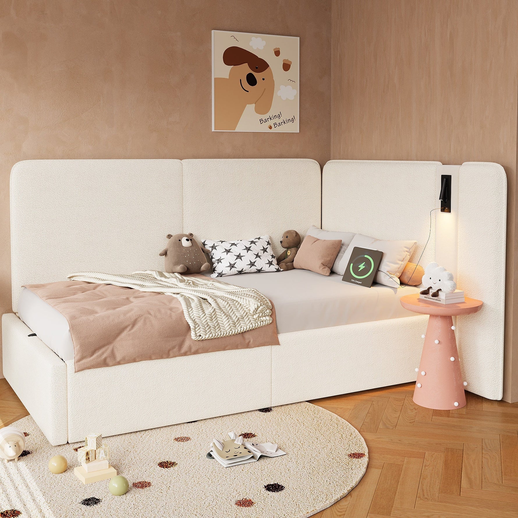 Daybed with Hydraulic Storage, USB Port and Reading Lamp, 90x200cm, Beige Boucle