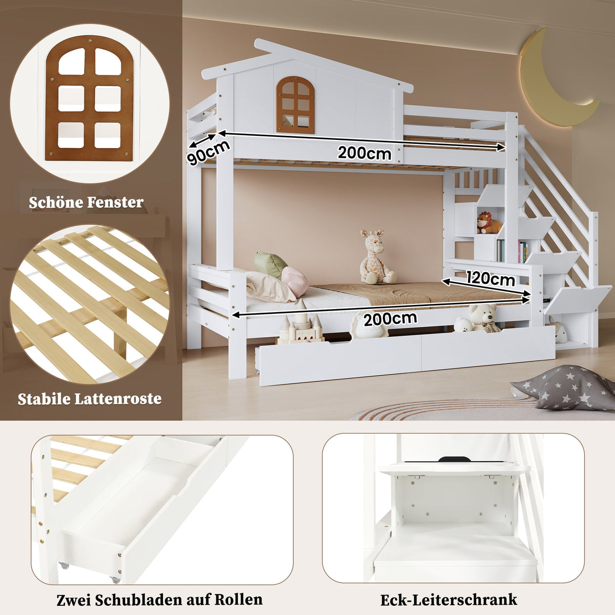 Bunk Bed, Two Drawers, Corner Ladder, Pine + MDF + Plywood, White + Natural