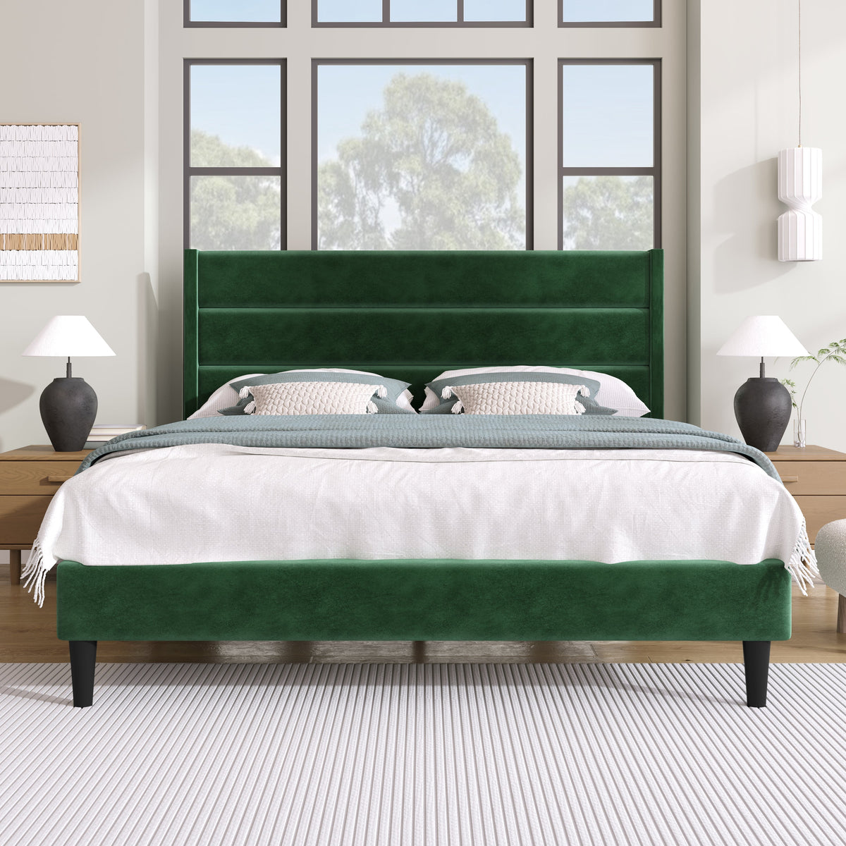 Upholstered Bed 140x200cm with Slatted Frame & Headboard, Velvet Dark Green
