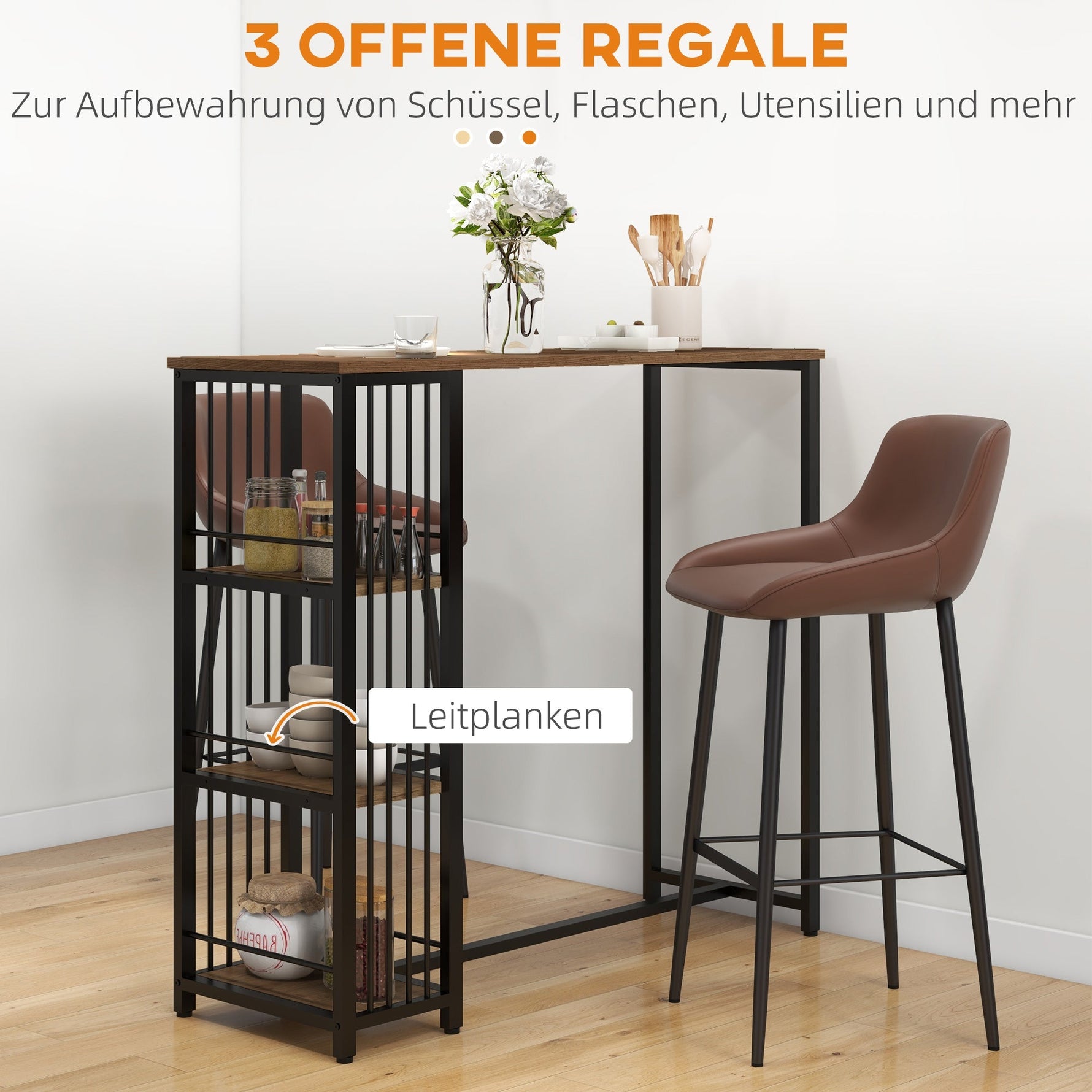Bar Table, 3 Shelves, Kitchen, Steel Frame, Brown