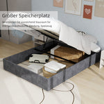 Gray storage bed with open lid showing items in a room.