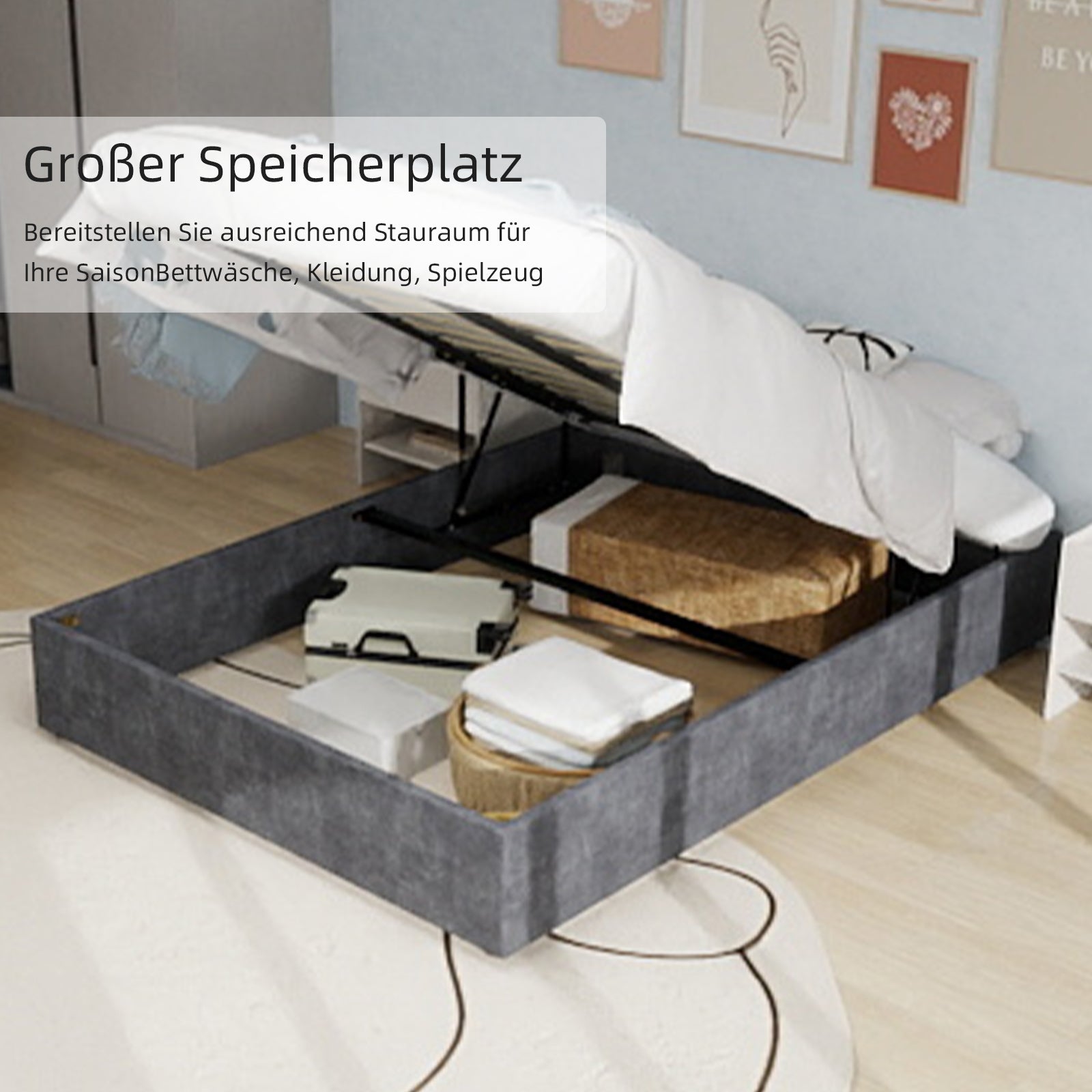 Gray storage bed with open lid showing items in a room.