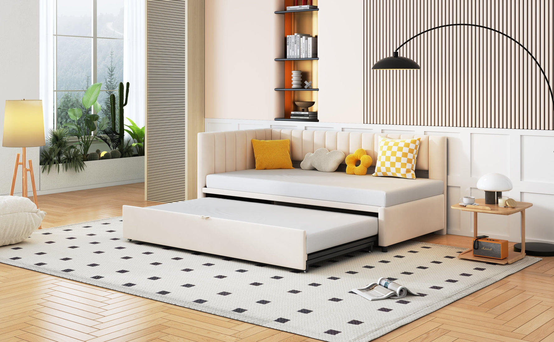 Sofa Bed, L-shaped Pull-out 90/180*200cm, Velvet Beige