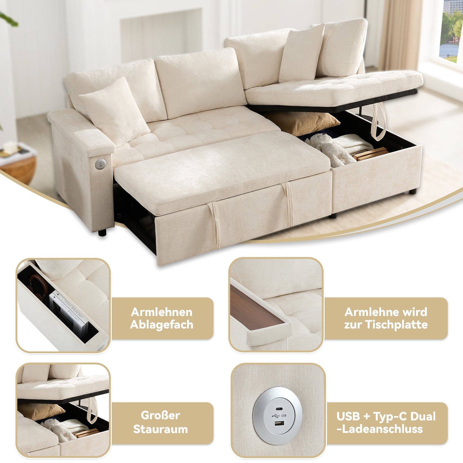 Modern L-shaped Sofa Bed with Storage, USB Charger, and Cushions, Beige