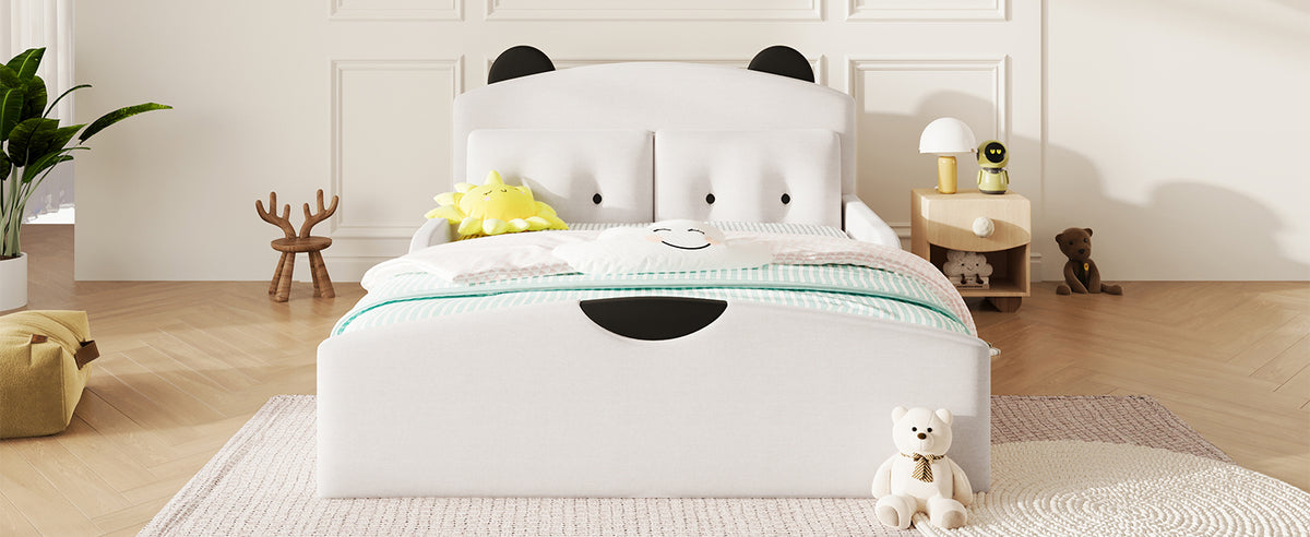 Platform Bed 140x200 with Bear Headboard & Cushions - White Linen