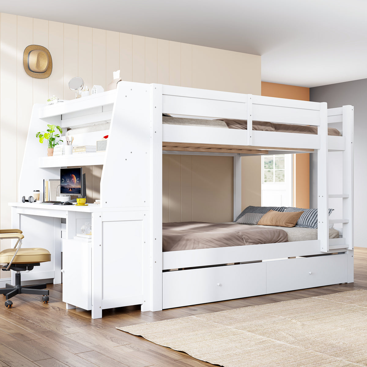 Bunk Bed 140x200cm with Desk, Cabinet & Drawers, White