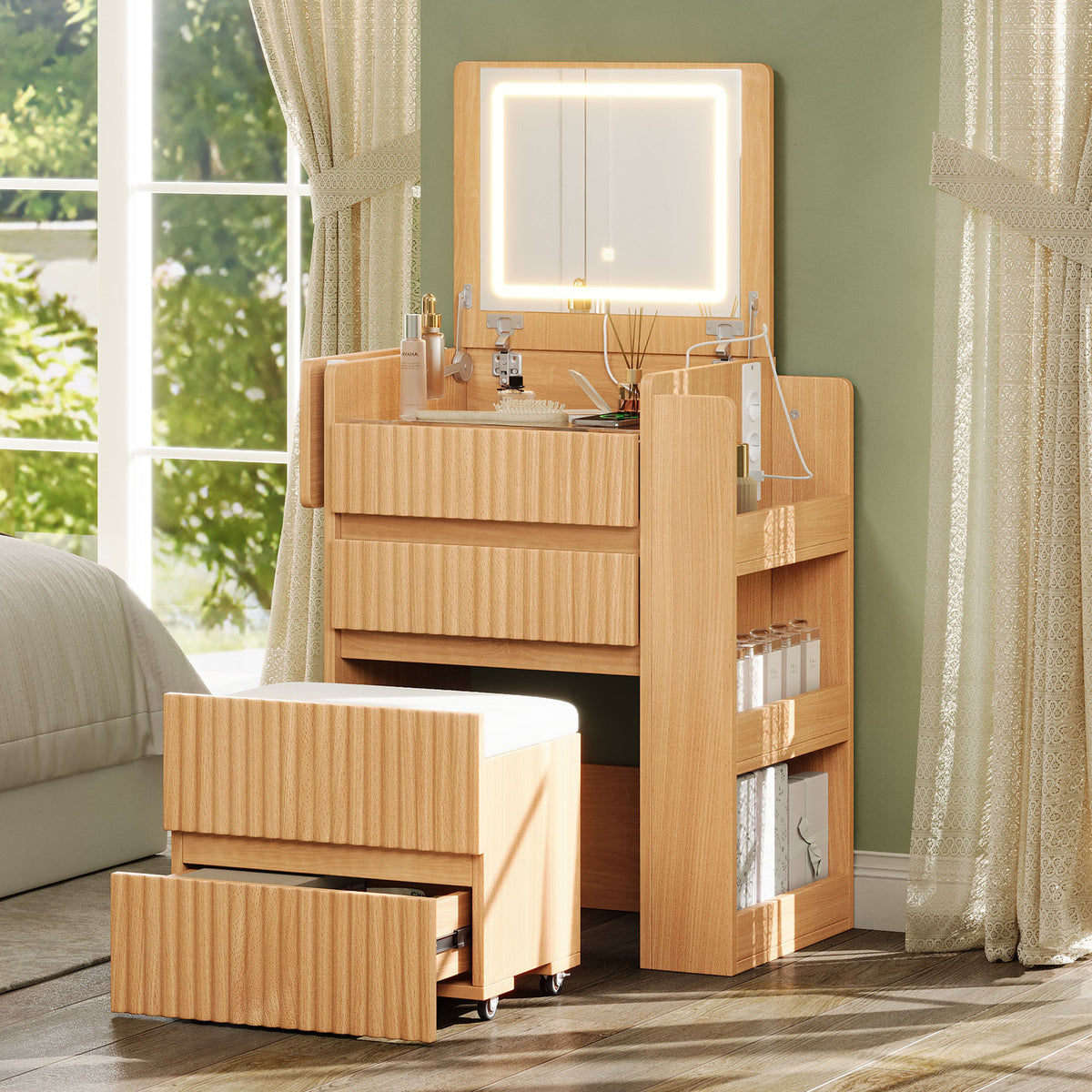 Small Vanity Table Set with LED Mirror & Power Outlets