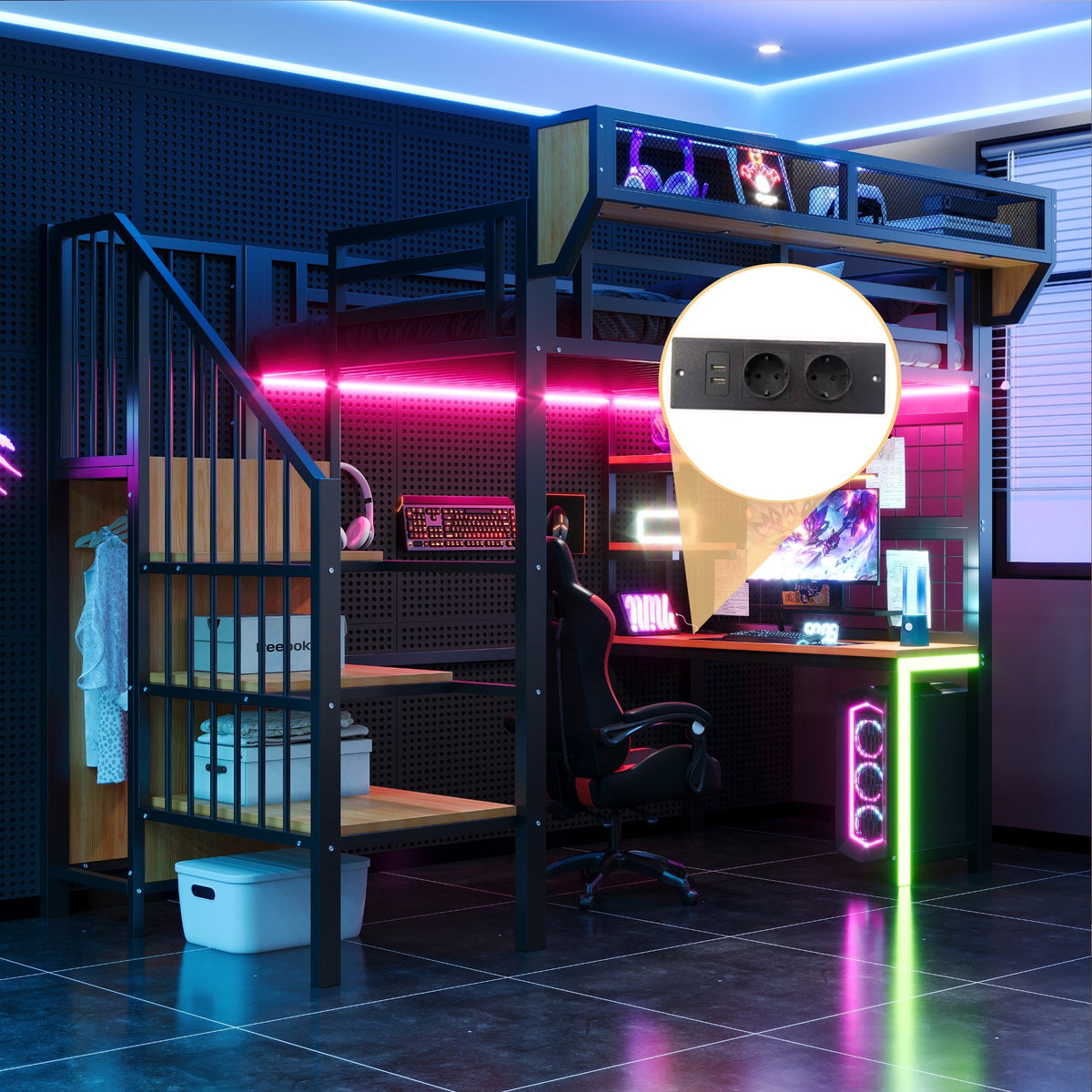 Metal Loft Bed with Desk, Shelf, LED Lighting and Socket, 90x200cm, Black Metal