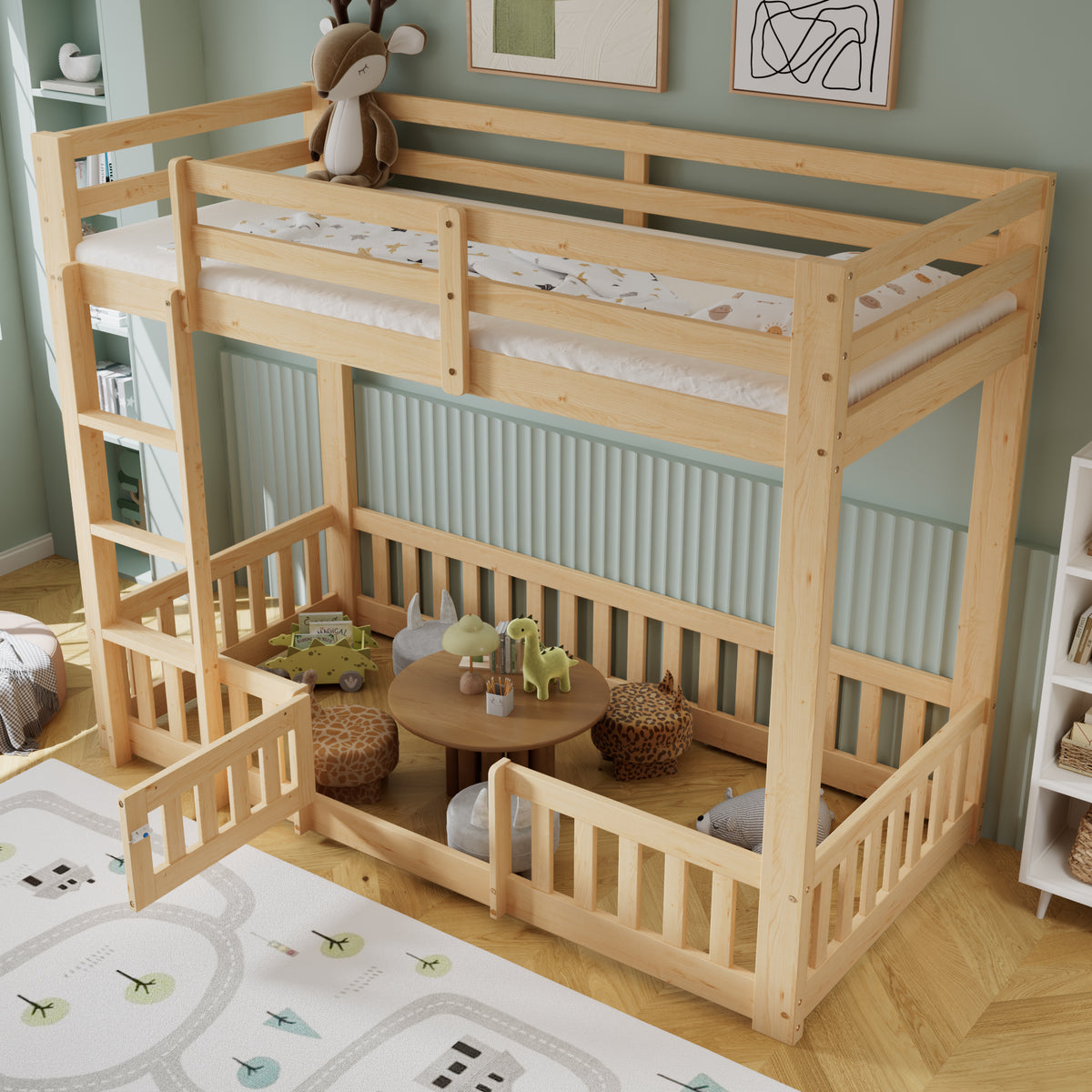 Wooden Bunk Bed 90x200cm with Stairs & Railing, Natural Pine Wood