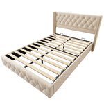 Upholstered Bed 160x200cm Button & Studded Headboard Slatted Frame - Light Beige Velvet