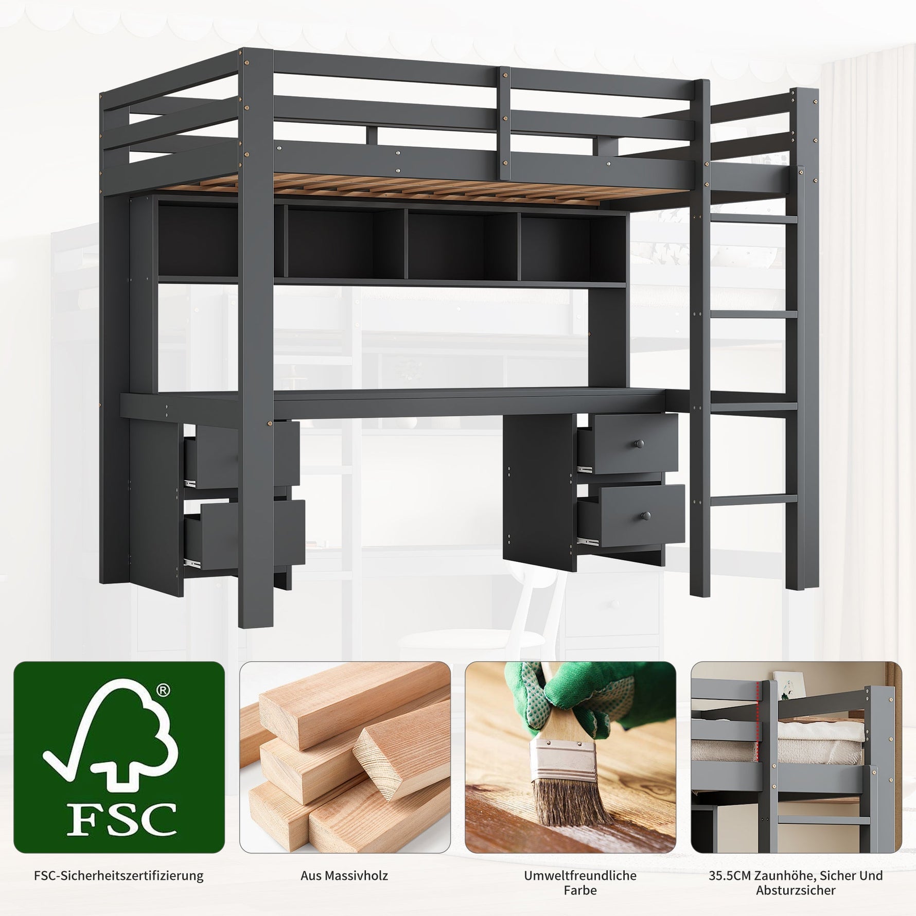 Loft Bed for Children with Desk and Storage, 90x200 cm, Grey