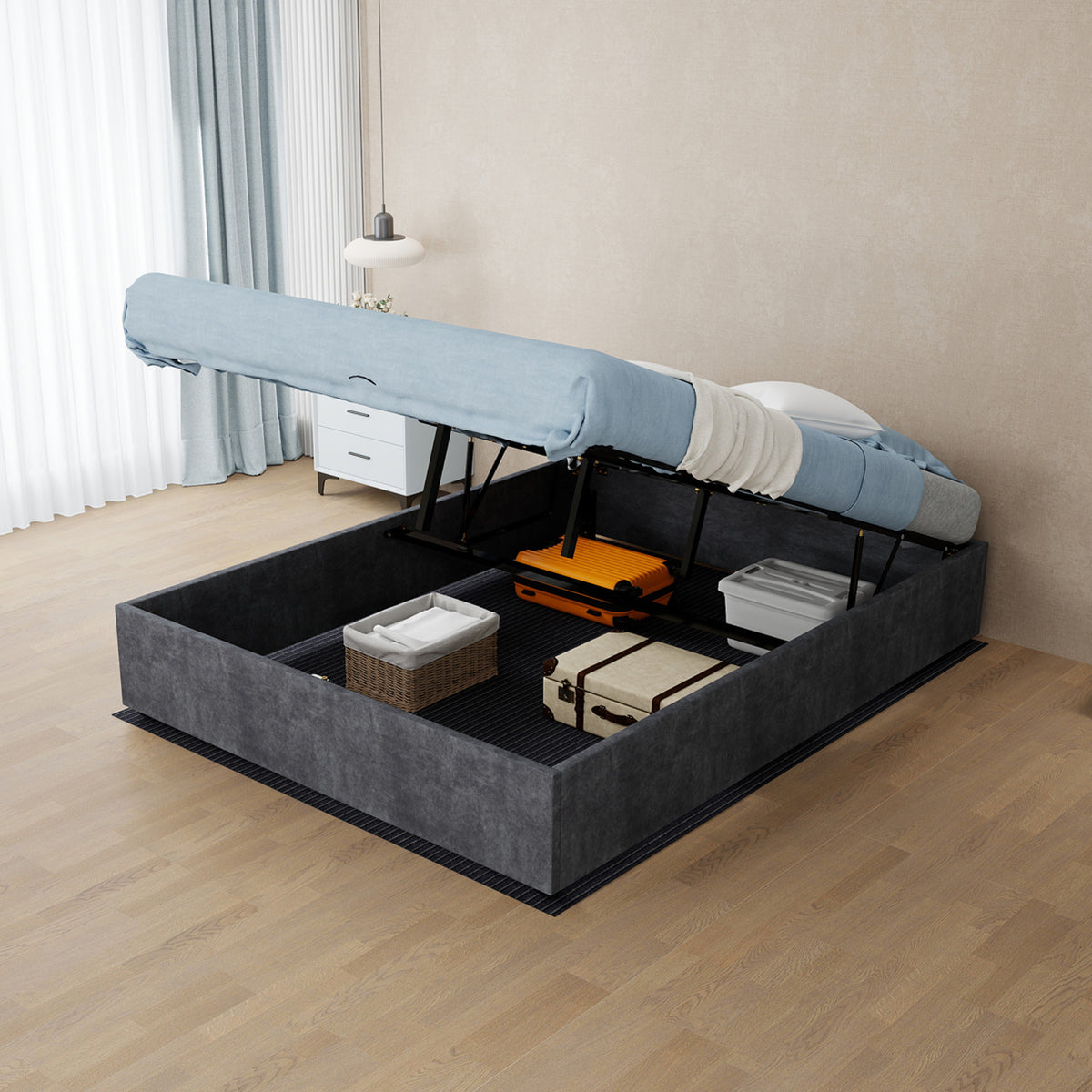 Bed Frame 140x200cm with Gas Lift & Mattress, Grey Dutch Velvet