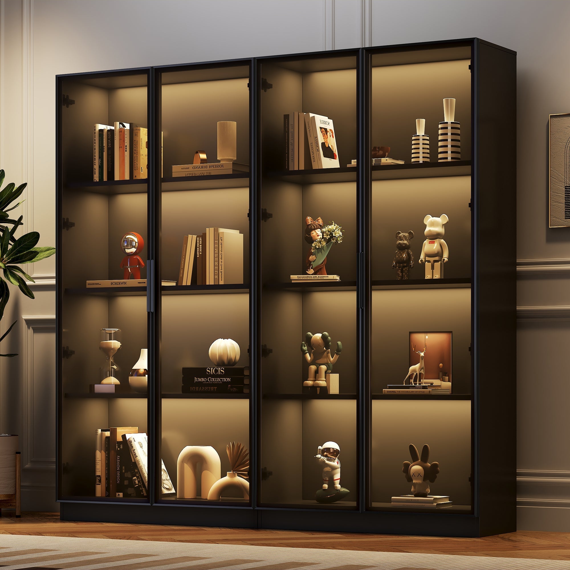 Glass Display Case, App-Controlled LED Lighting 4-Door Storage Cabinet, Freestanding