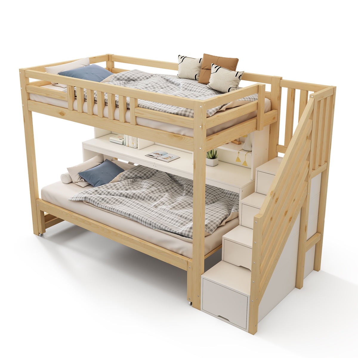 Children's Bunk Bed with Desk & Trundle, White & Oak Wood