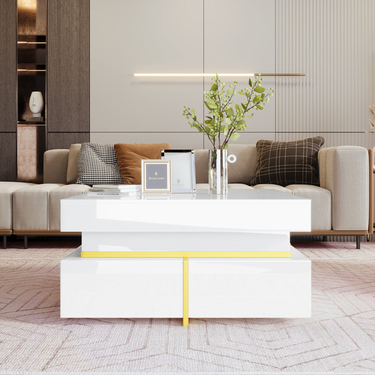 Coffee Table High-Gloss Drawers Gold Accents