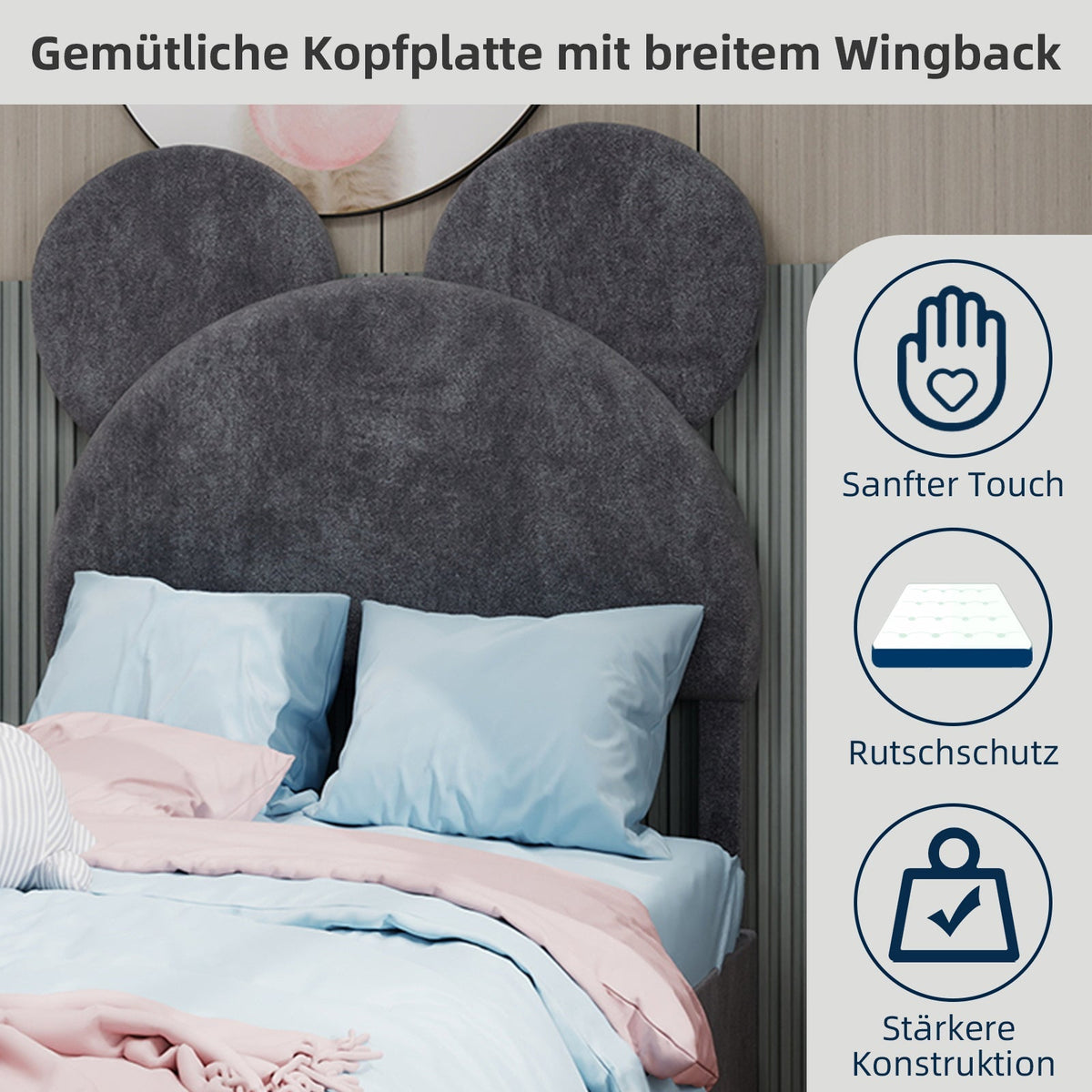 Modern Minimalist Upholstered Bed with Cartoon Headboard, 140x200 cm, Grey
