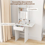 Compact Dressing Table, Mirror, LED Lighting, Folding Tabletop, Open Shelves, Drawer, White MDF
