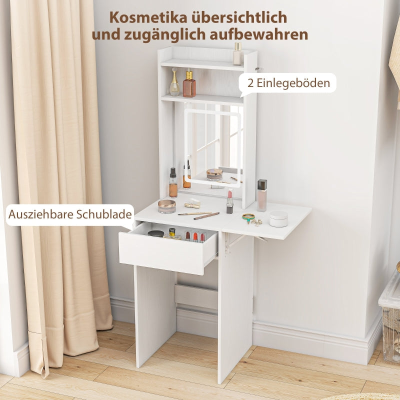 Compact Dressing Table, Mirror, LED Lighting, Folding Tabletop, Open Shelves, Drawer, White MDF