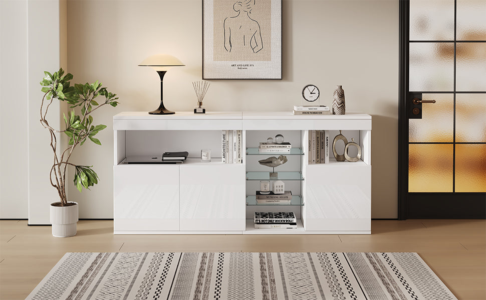 High-Gloss Cabinet 155.5cm LED 3 Doors Glass Partitions - White