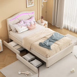 Upholstered Bed 90x200 with LED & 2 Drawers, Beige Linen
