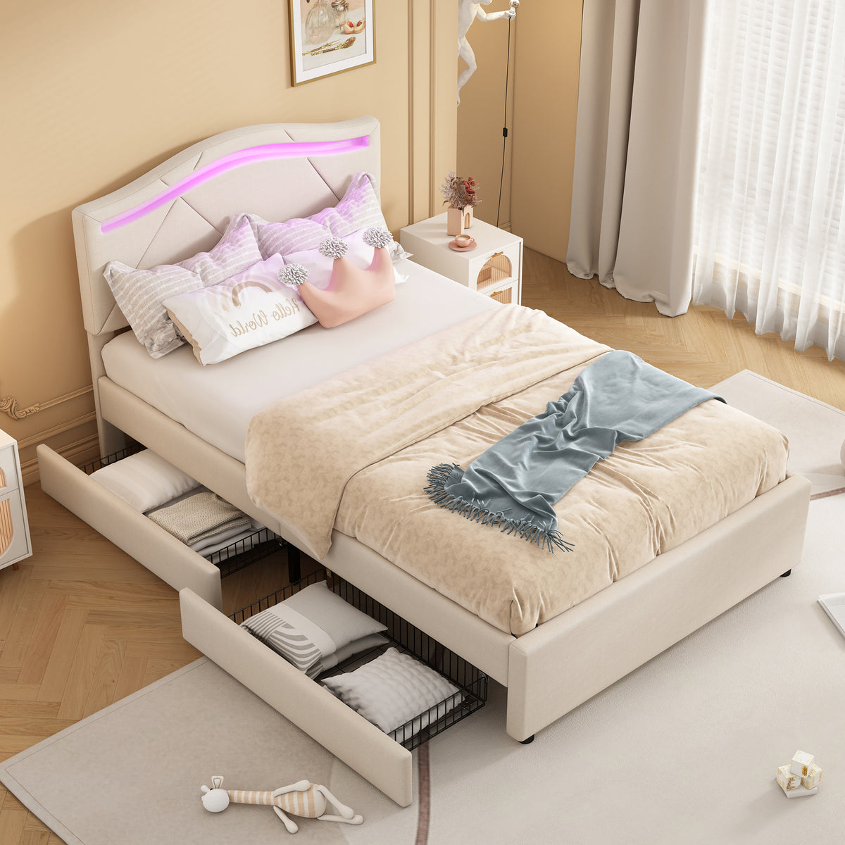 Upholstered Bed 90x200 with LED & 2 Drawers, Beige Linen
