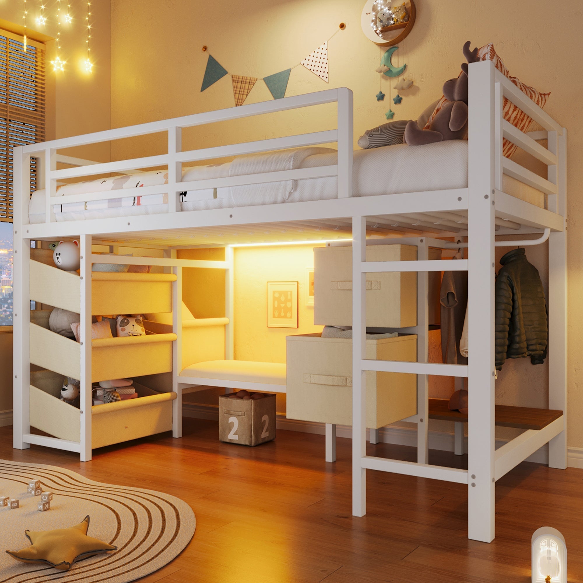 Mid-Height Bed with Storage Drawer and LED Lighting, 90x200 cm, Metal, White